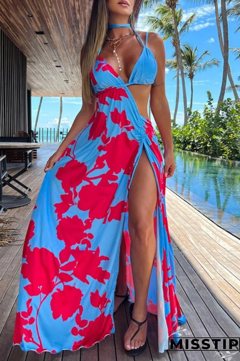 Blue Sexy Print Patchwork Backless Slit Asymmetrical Halter Long Dress Dresses