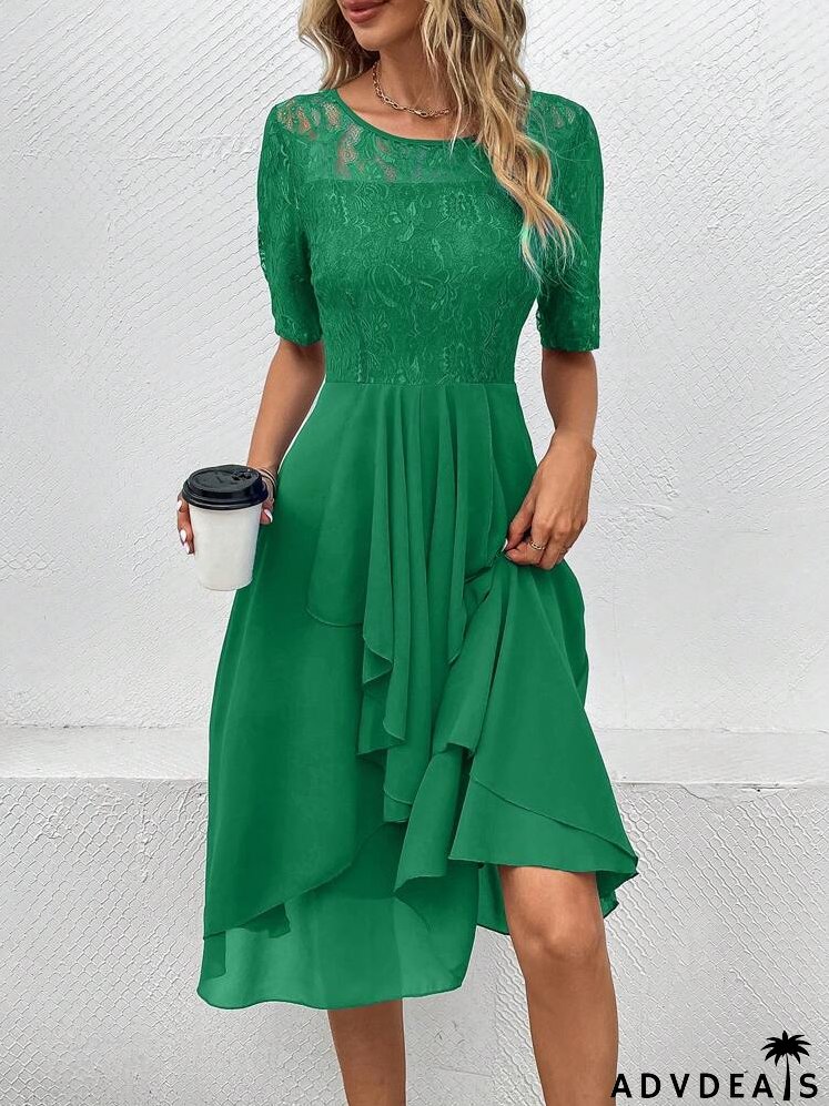 Contrast Lace Ruffle Trim Lace Bodice Dress