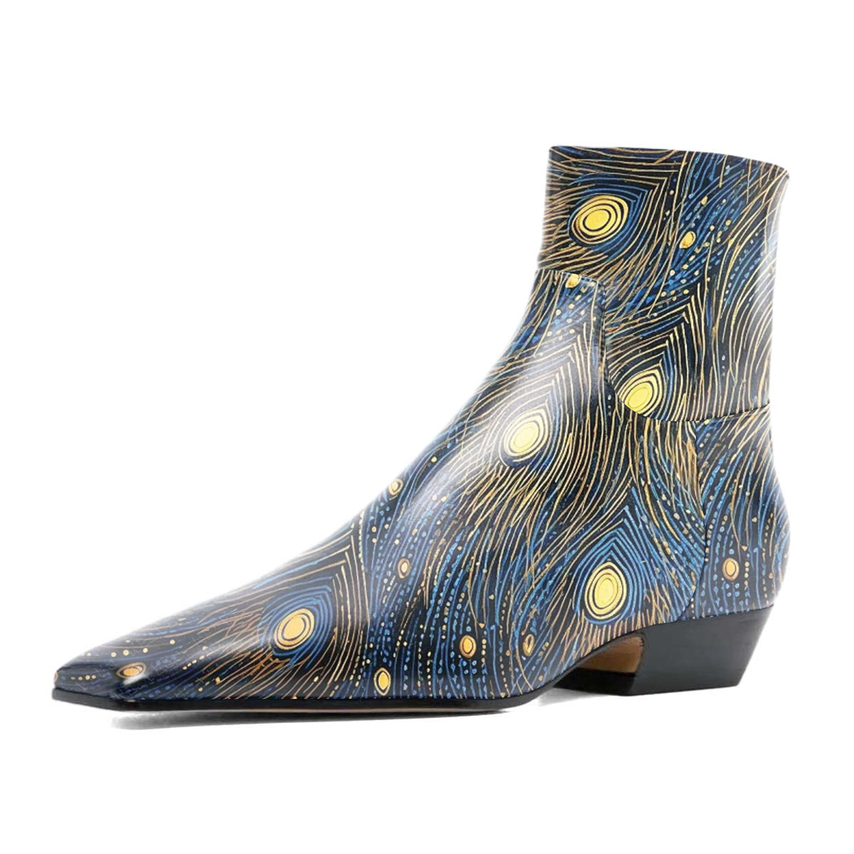 Multicolor Starry Night Square Toe Low-Heeled Ankle Boots with Zipper Nicepairs
