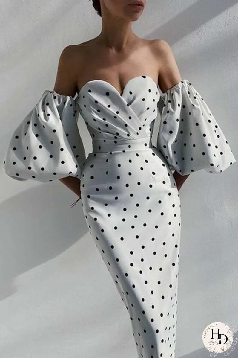 Fashion Elegant Polka Dot Slit Fold Strapless Pencil Skirt Dresses