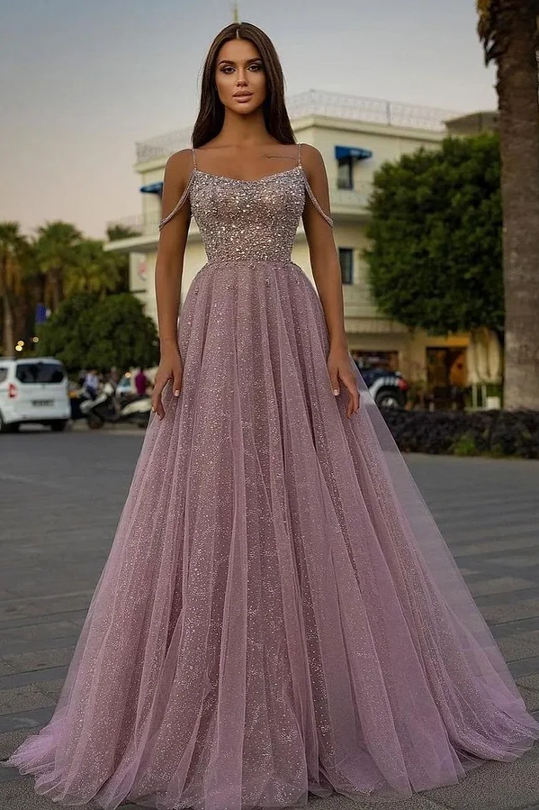 Daisda Pink Sleeveless Spaghetti Straps A-Line Beads Prom Dress