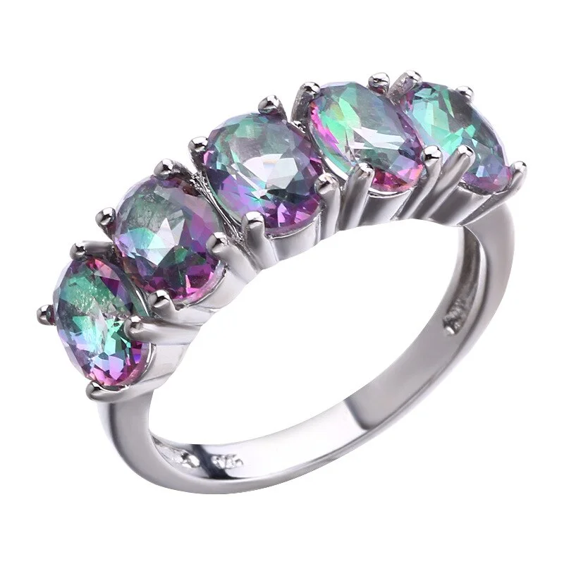 Trendy Female Crystal Oval Big Ring Classic Silver Color Engagement Ring Dainty Rainbow Zircon Stone Wedding Rings For Women