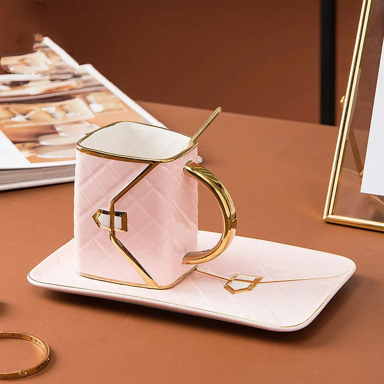 Handbag-Shaped Creative Mug with Saucer & Spoon