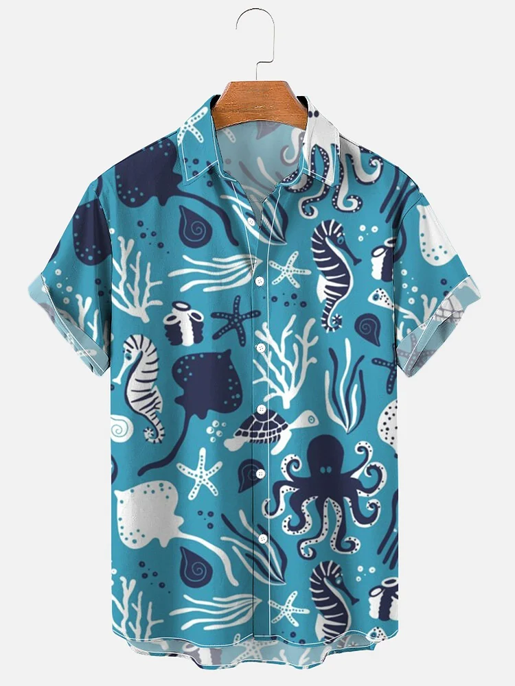 Men's Underwater World Sea Turtle Seahorse Starfish Hawaii Print Shirt
