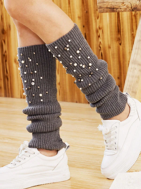 Knitted Bead Decoration Keep Warm Pure Color Leg Warmers Accessories