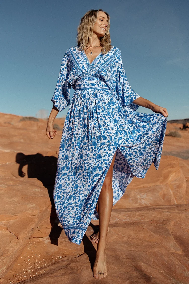 Kimono Floral Maxi Dress - Blue and White