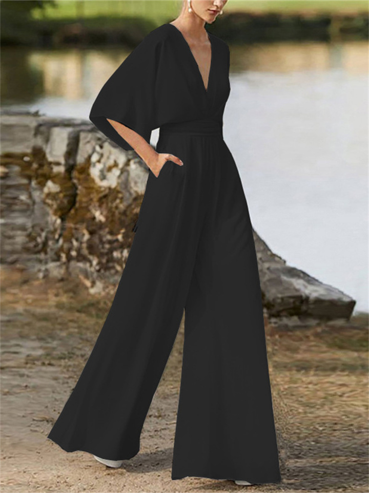 Women's Jumpsuit Pocket High Waist Solid Color V Neck Elegant Party Business Regular Fit 3/4 Length Sleeve Black White Pink S M L Spring