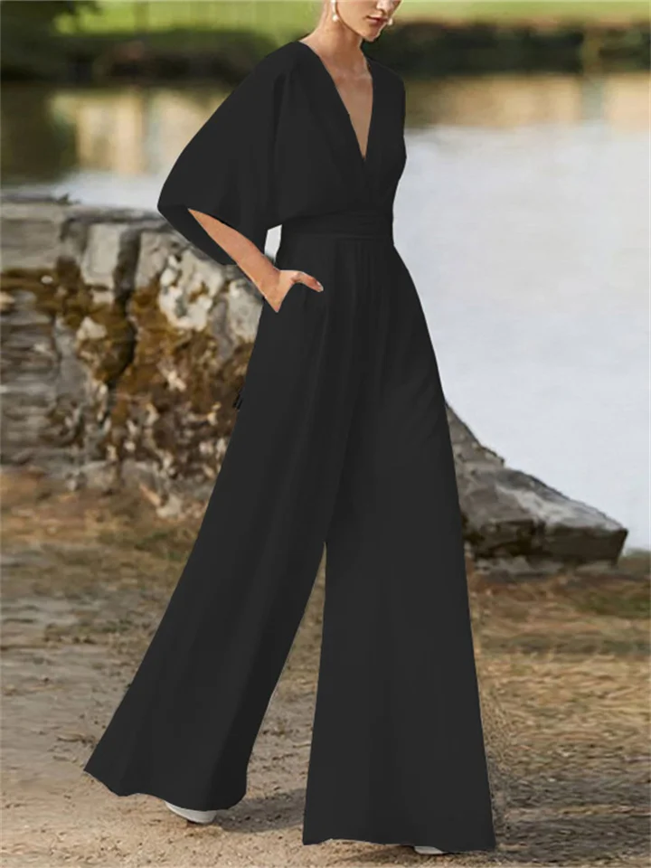 Women's Jumpsuit Pocket High Waist Solid Color V Neck Elegant Party Business Regular Fit 3/4 Length Sleeve Black White Pink S M L Spring-Cosfine