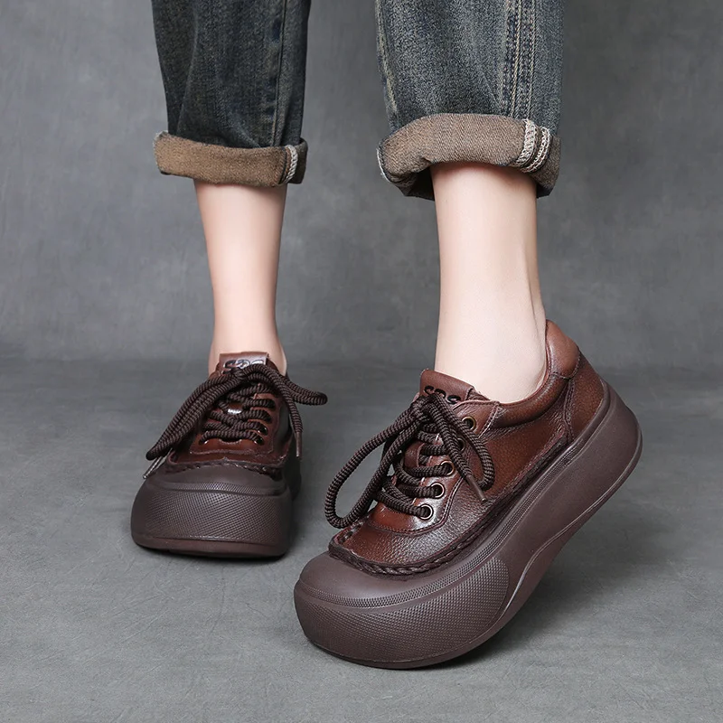 Yyvonne Layer Of Cowhick Retro Thick-Sed Loose Cake Shoes Women 2025 Spring New Casual Big Shoes Leather Single Shoes