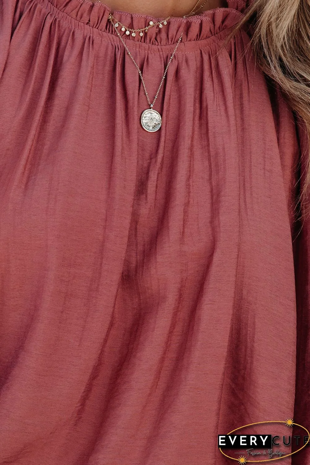 Red Frilled Neck Ruffled Long Sleeve Blouse