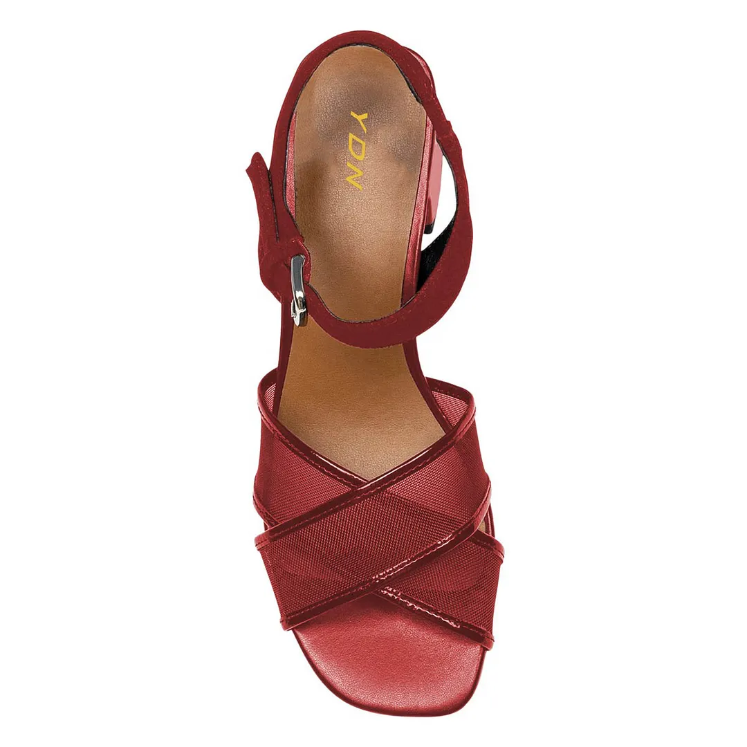 Red Mesh Patchwork Ankle Strap Open Square Toe Women's Heel Sandals