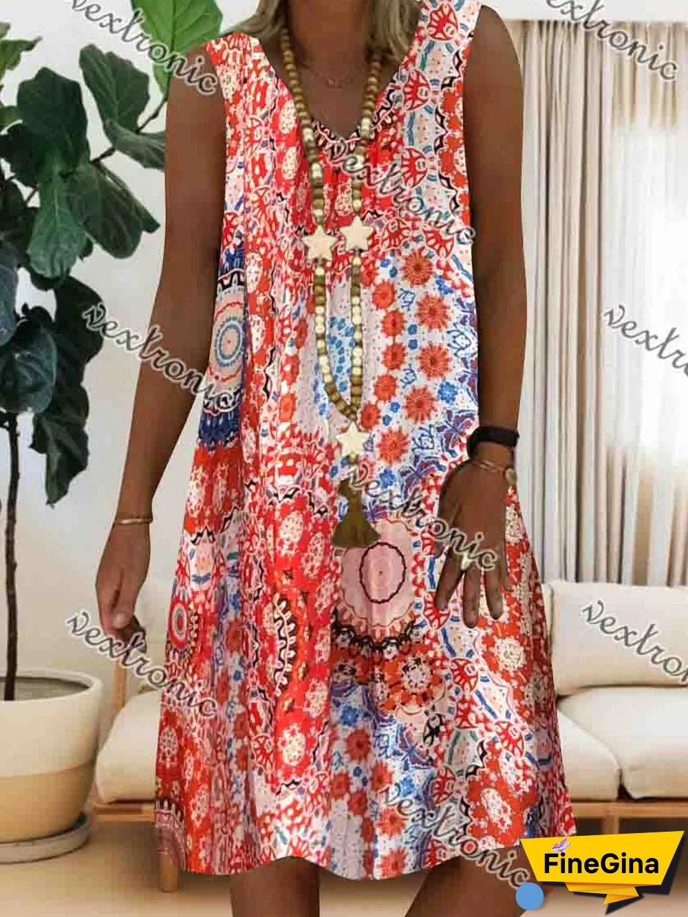 Women Casual Sleeveless V-neck Floral Printed Midi Dress