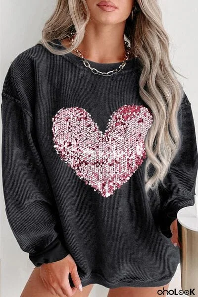 Plus Size Heart Sequin Round Neck Sweatshirt