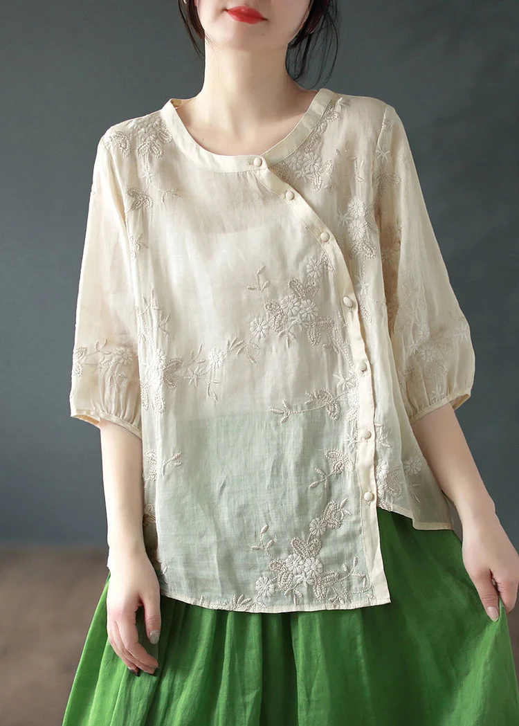 Apricot Embroideried Patchwork Linen Blouses O Neck Half Sleeve