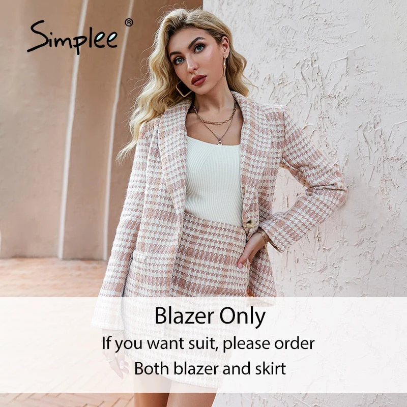 Simplee Vintage houndstooth v-neck women blazer suit Office lady plaid shoulder pads pink two pieces set Pocket mini dress sets