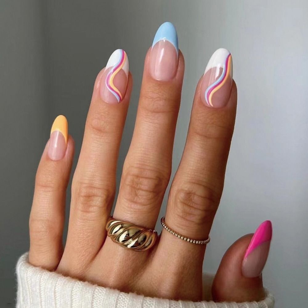 Simple Nails Design – Press On Nails Simple French Wave Line Design False Nails Round Acrylic Stiletto Full Cover Fake Nails Manicure Nail Art Tips | Cncures