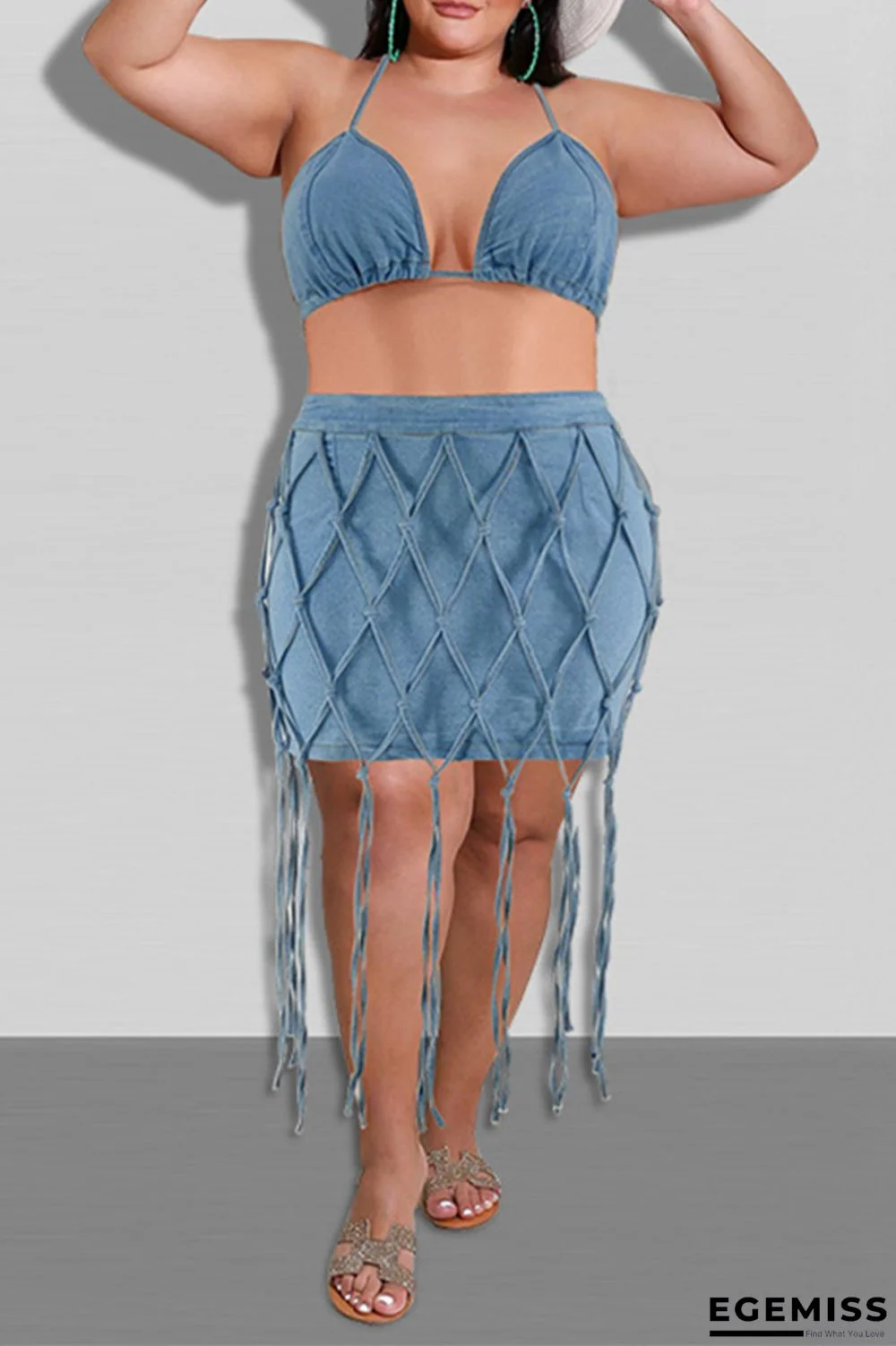 Blue Fashion Sexy Patchwork Tassel Bandage Backless Halter Plus Size Two Pieces | EGEMISS