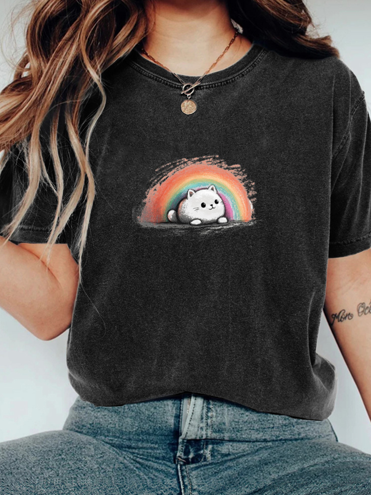Comstylish Rainbow Bridge Cat Funny Round Neck Short Sleeve T-shirt