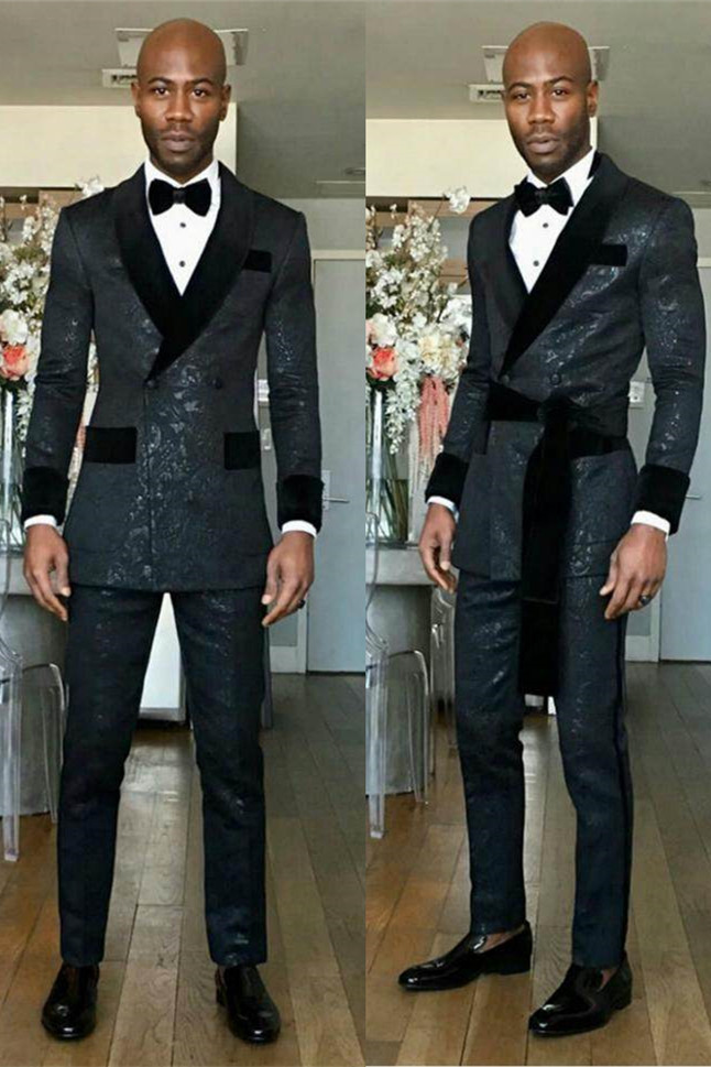 Slim Fit Classy Black Shawl Lapel Double Breasted Wedding Groom Suits | Risias