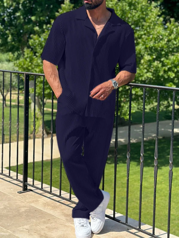 Men's Casual Plain Pleated Short Sleeve Shirt Pants Matching Set