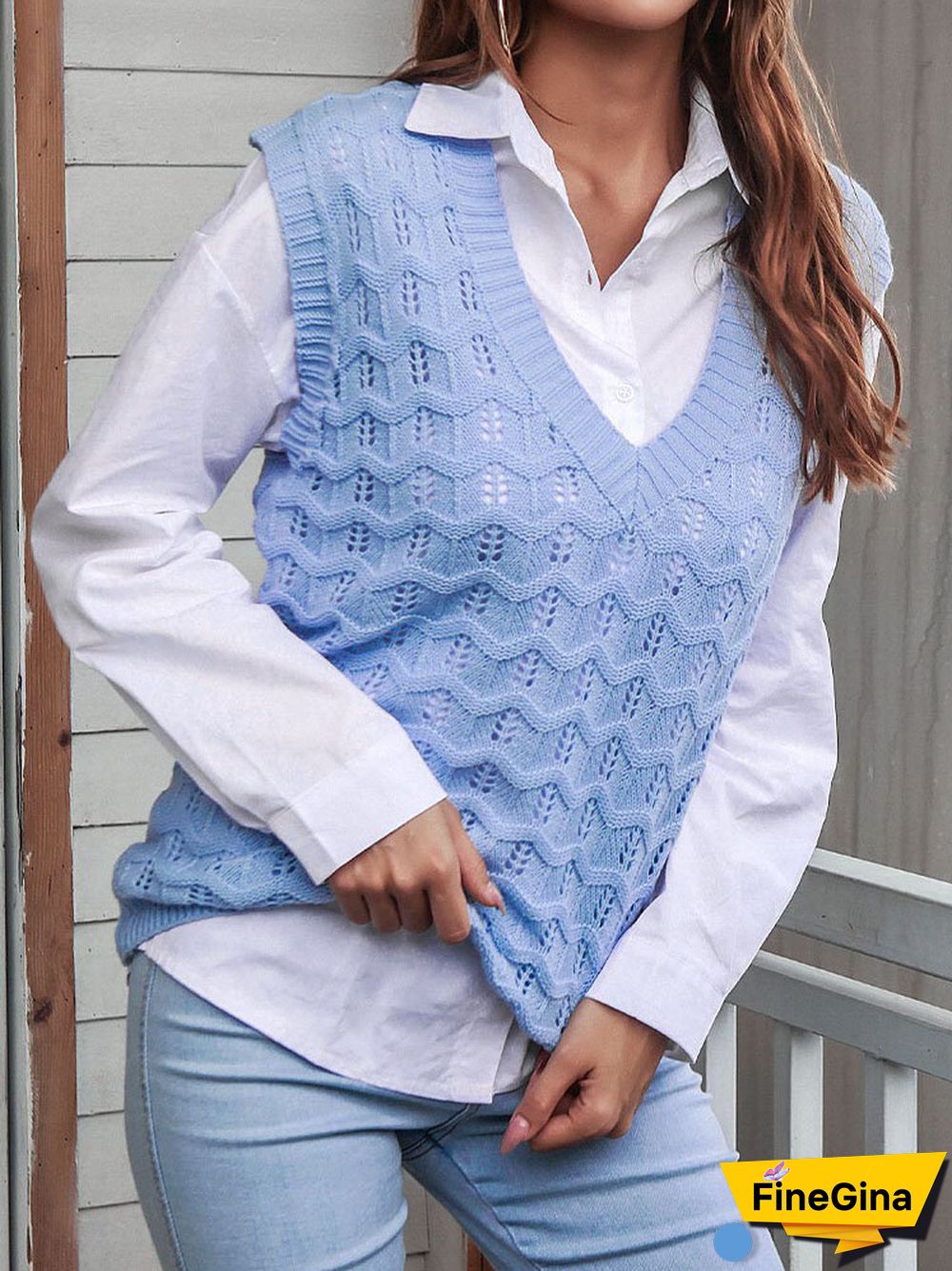 Solid Sleeveless Knitted Crochet Pullover V-neck Sweater