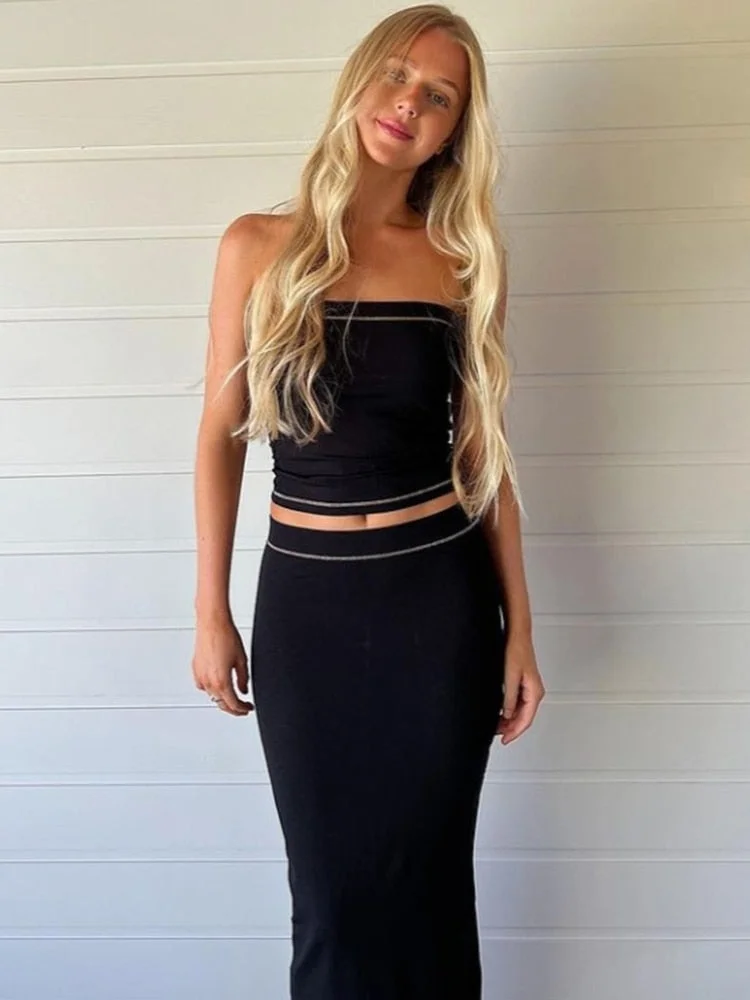 Tawnie Elegant Y2K Beach Dress Sets Women Sexy Strapless Crop Top Midi Skirt 2 Piece Sets Matching Sets 2022 Summer Outfits