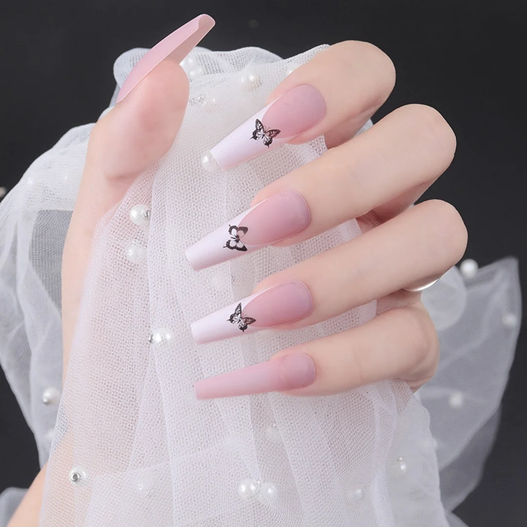 24pcs Detachable Coffin False Nails Chestnut Brown Leopard Butterfly Full Cover Fake Nails DIY Glue Press On Nails Nail Supplies-Nail Inspo
