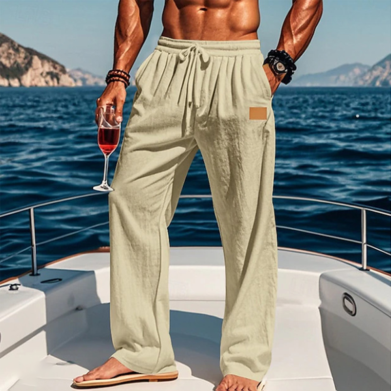 Men's Linen Leather Lable Beach Drawstring Elastic Waist Straight Leg Plain Comfort Breathable Pants White