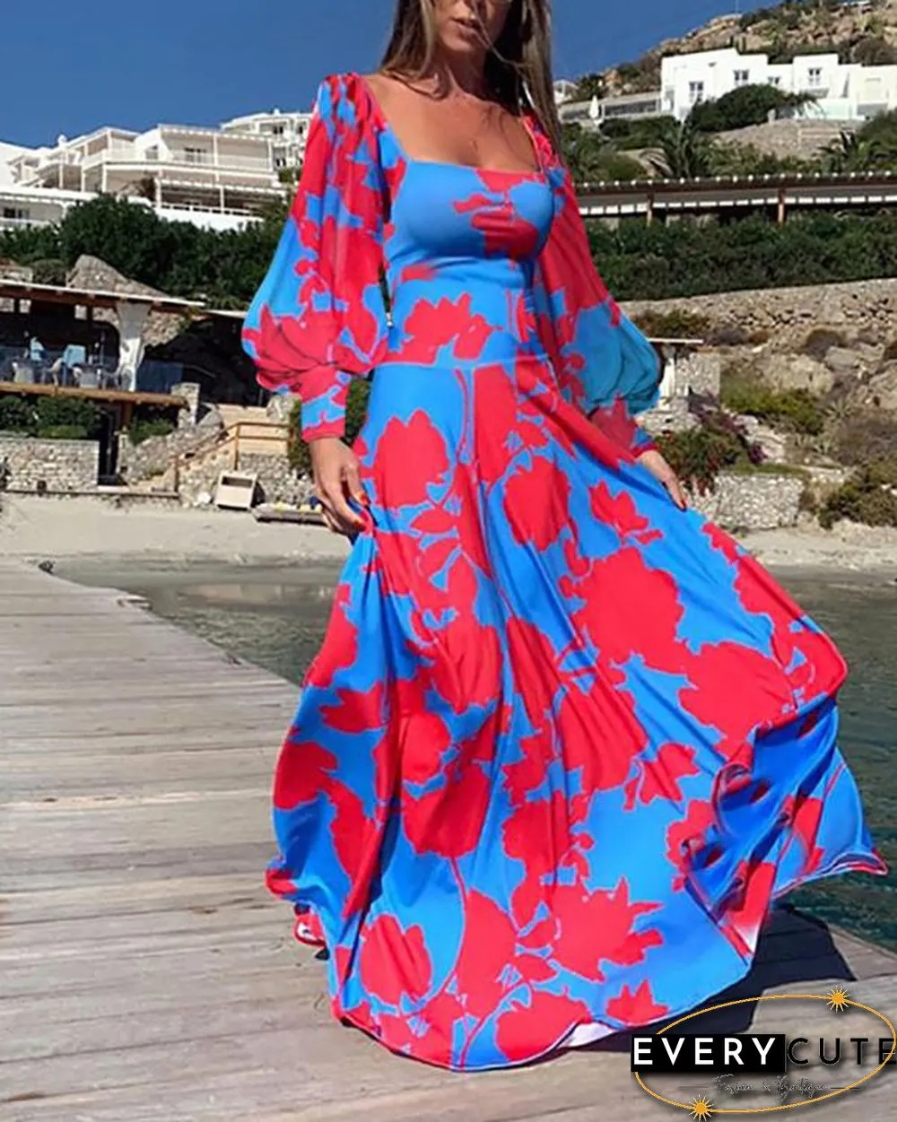 Women Long Sleeve Square-Neck Flowy Bohemian Maxi Dress
