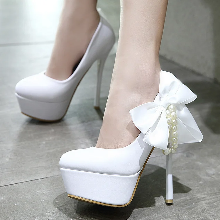 White Pearl and Bow Platform Wedding Heels Vdcoo