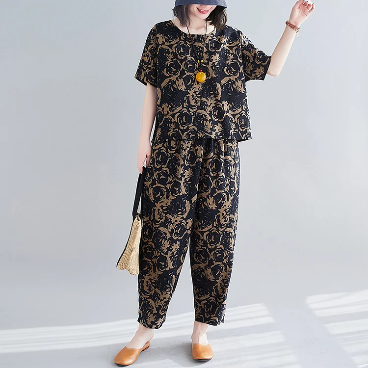 Loose Cotton And Linen Printed Top Harem Pants Suit