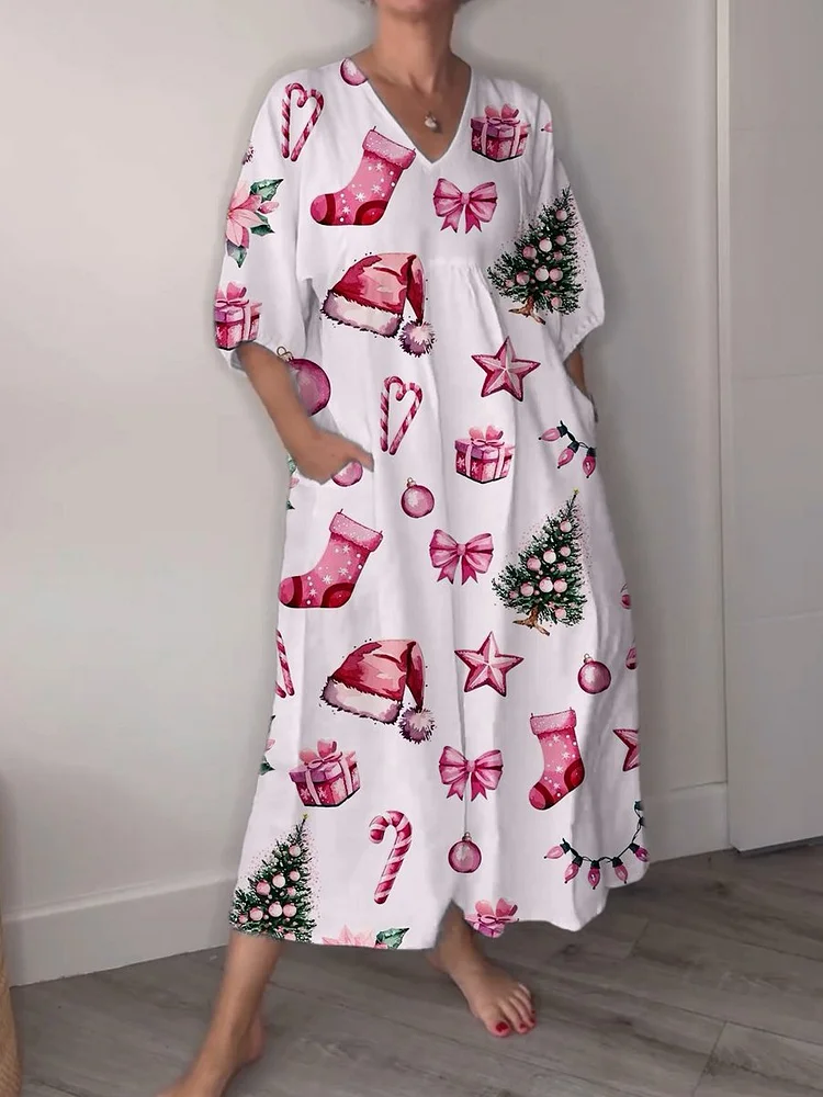 Women's Pink Christmas Print Pocket V-neck Cotton Dress