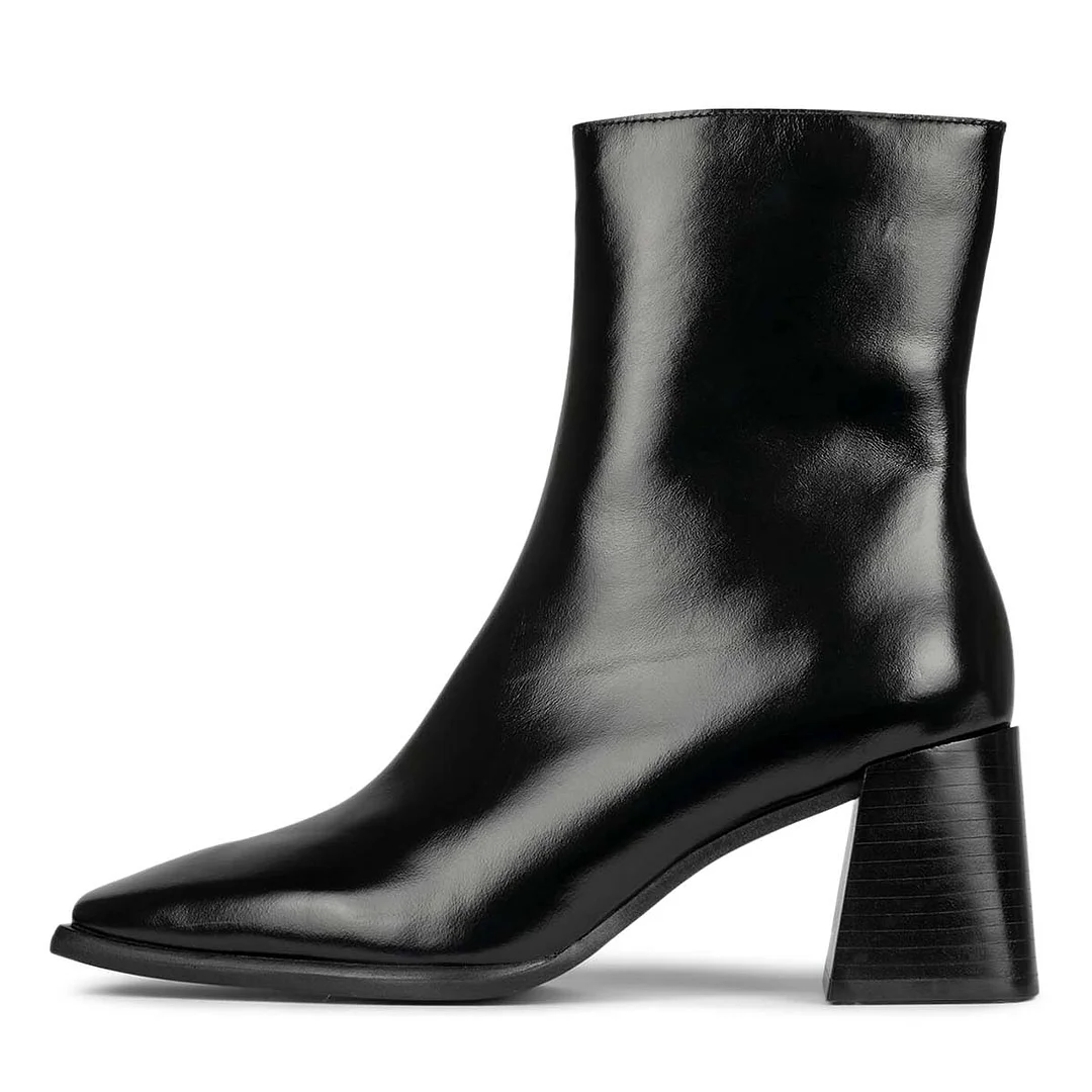 YDN Square Toe Side Zipper Short Chunky Heeled Boots in Black