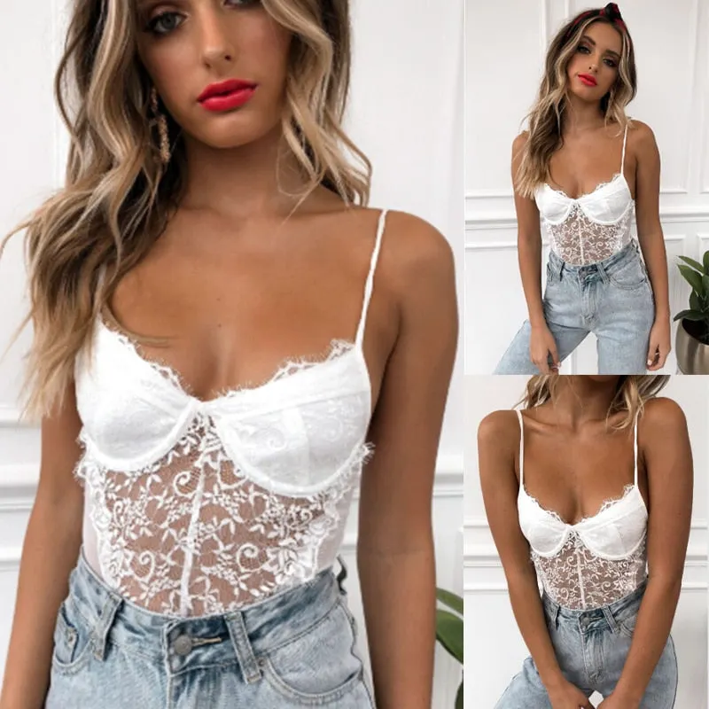 Sexy Lace Bodysuit Stretch Leotard Sleeveless Camis Bra Lace Bodycon Exotic Apparel for Women