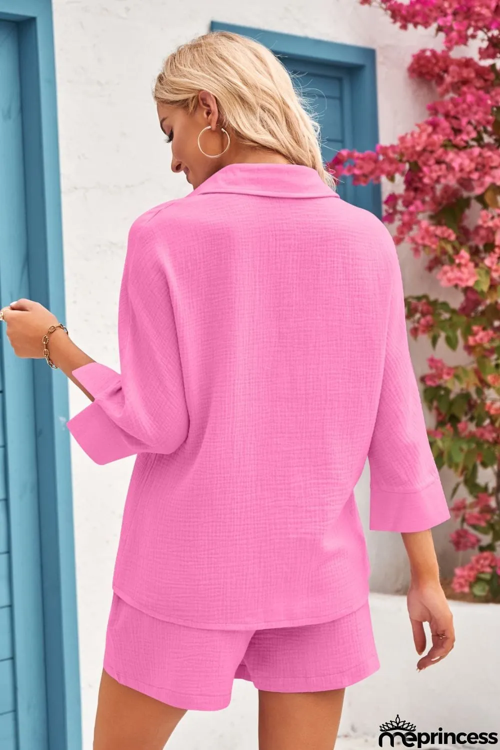 Textured Shirt and Elastic Waist Short with Pockets