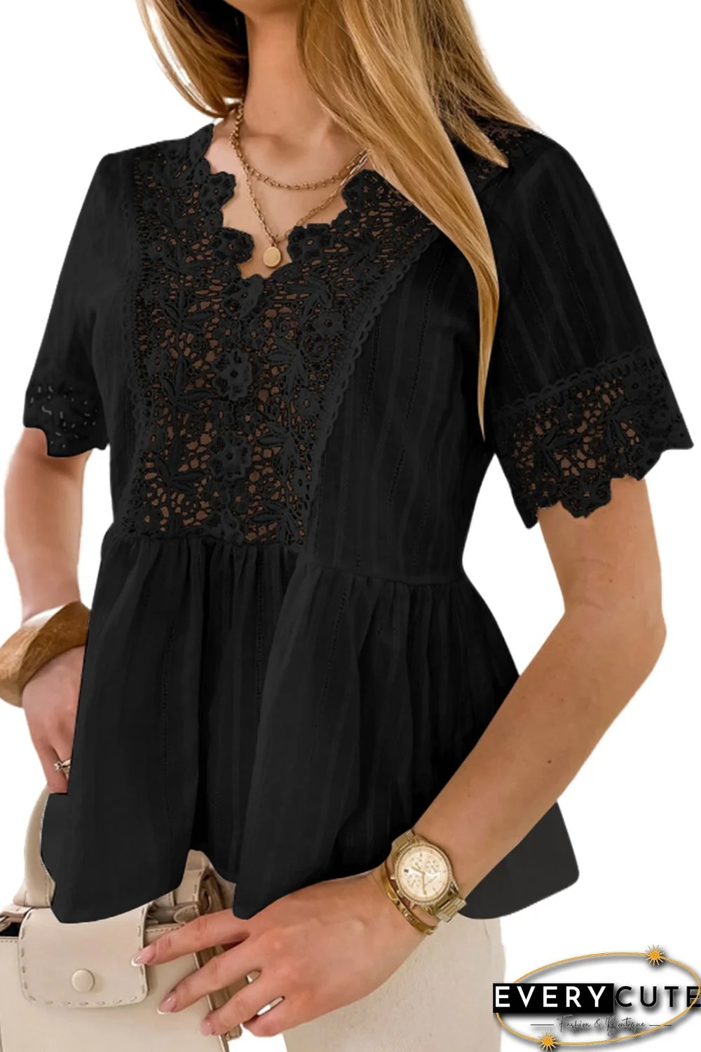 Black Lace Splicing V Neck Short Sleeve Shirt