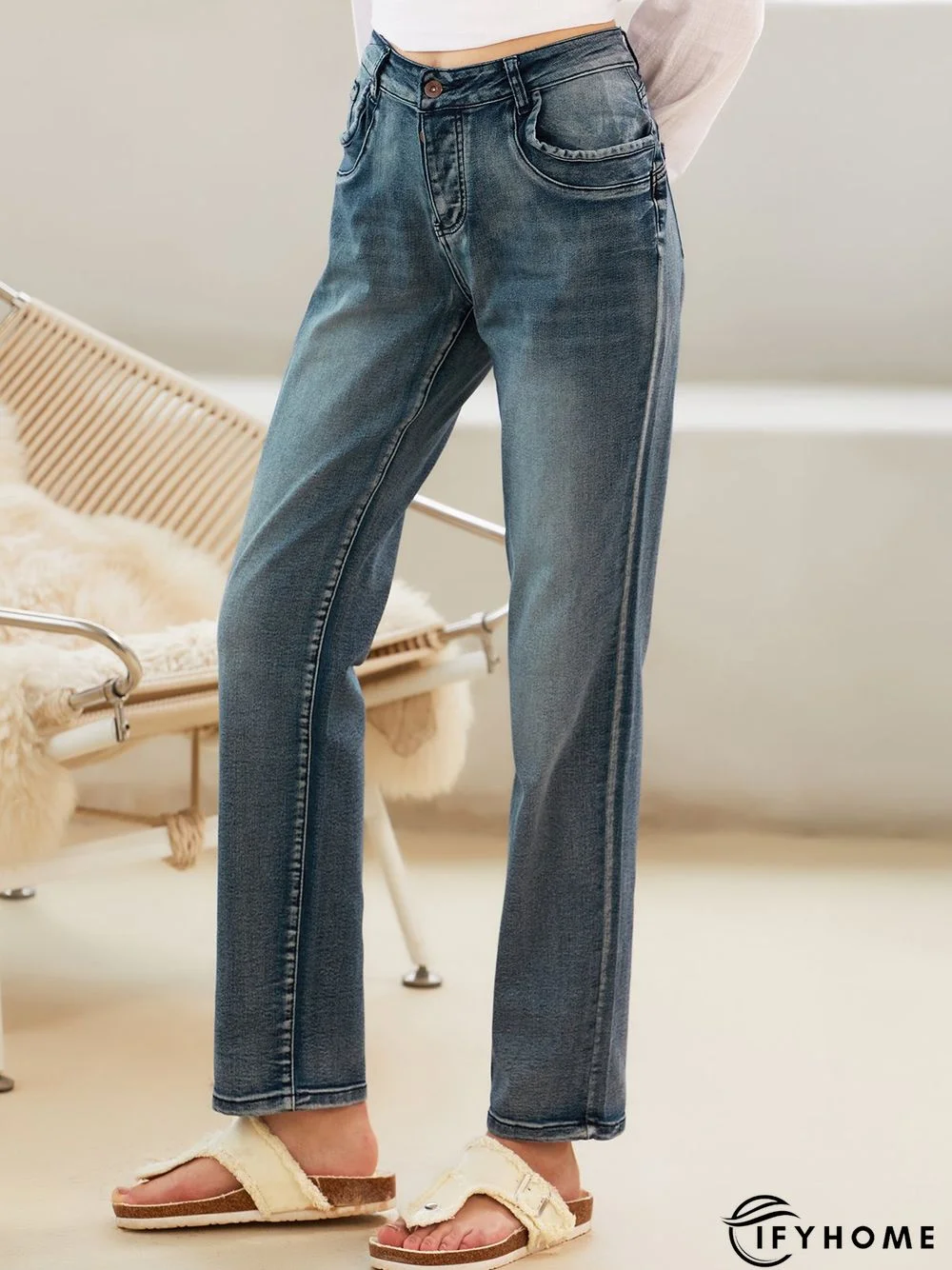 Blue Denim Simple Solid Pockets Jeans | IFYHOME