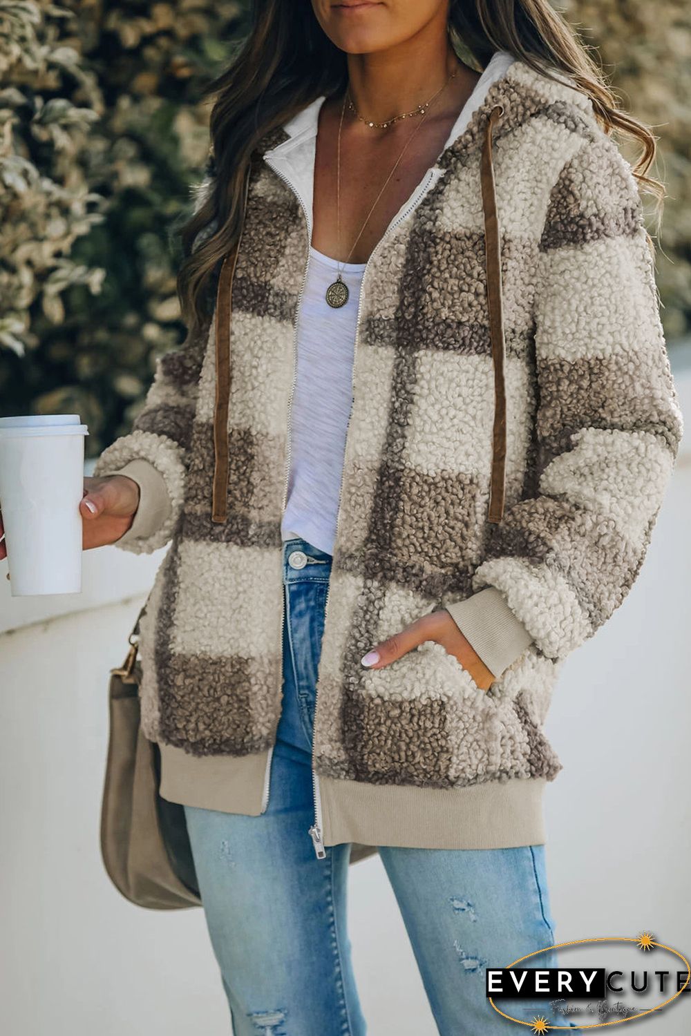 Khaki Plaid Print Zipper Fleece Hooded Coat