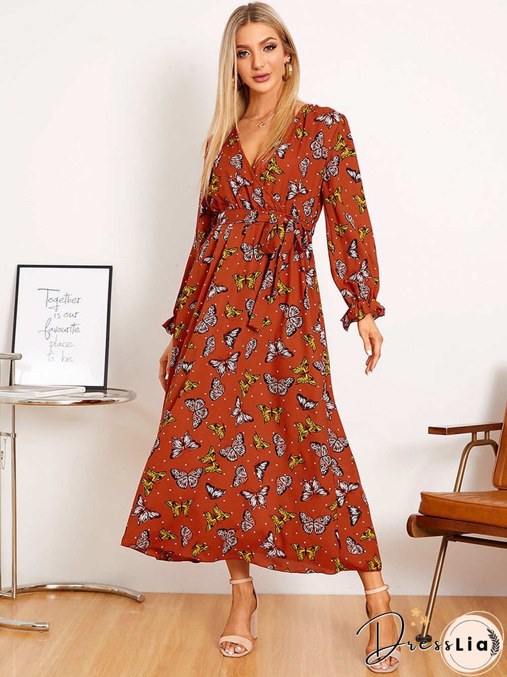 Butterfly Print Belt Long Sleeve V-neck Maxi Dress