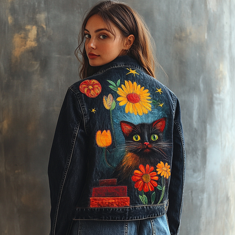 VChics Women's Pop Art Cat Flowers Fun Pattern Denim Jacket