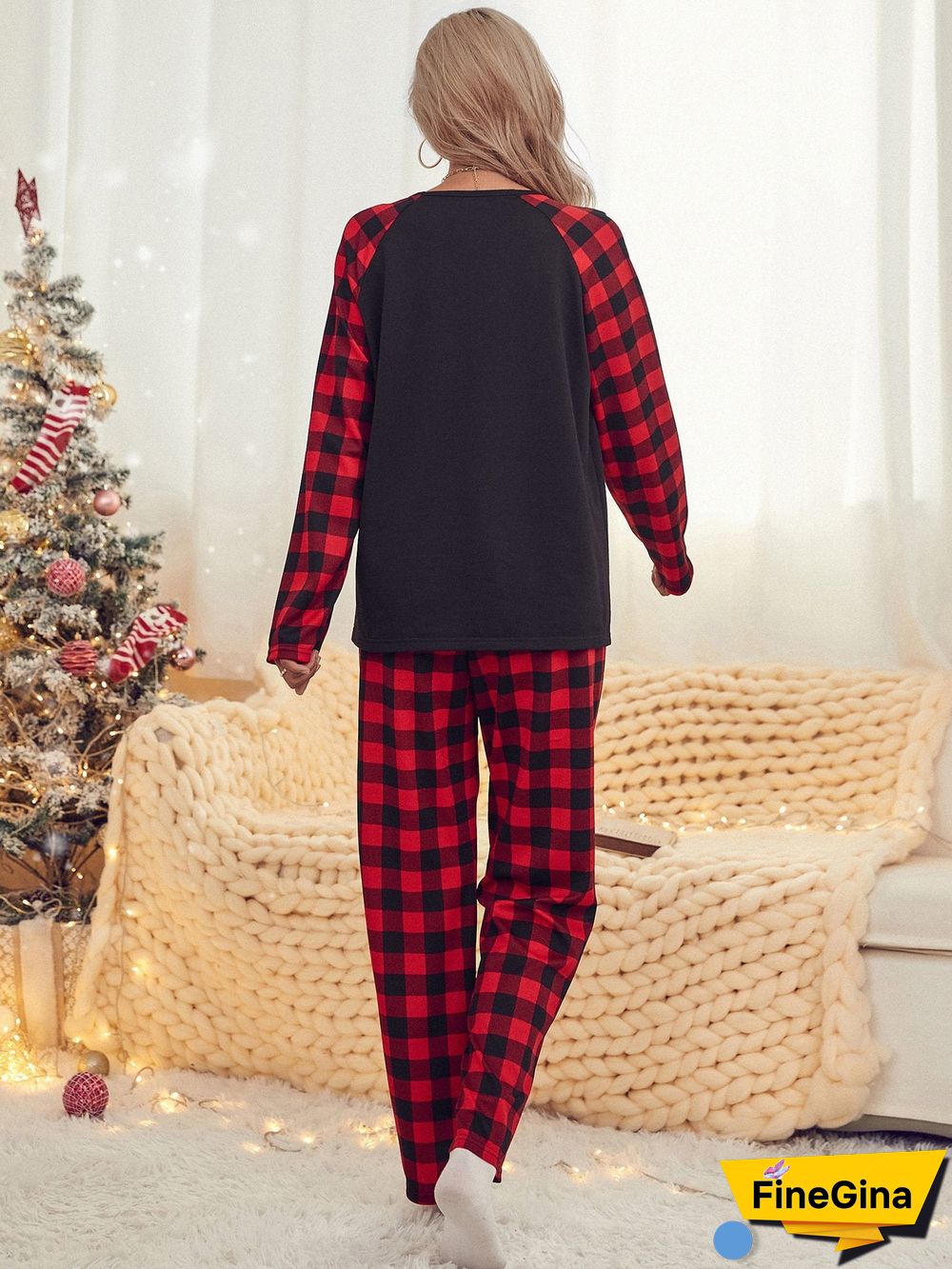 Elk Pattern Red&Black Plaid Pajama Set