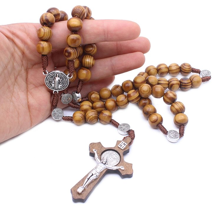 Avas Handmade Wooden Beads Rosary Jesus Cross Pendant