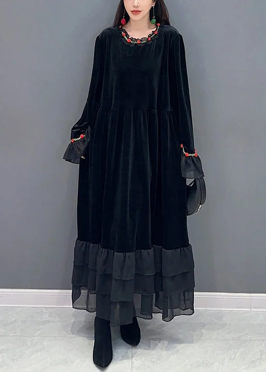 Chic Black Tulle Patchwork Silk Velvet Long Dresses Spring
