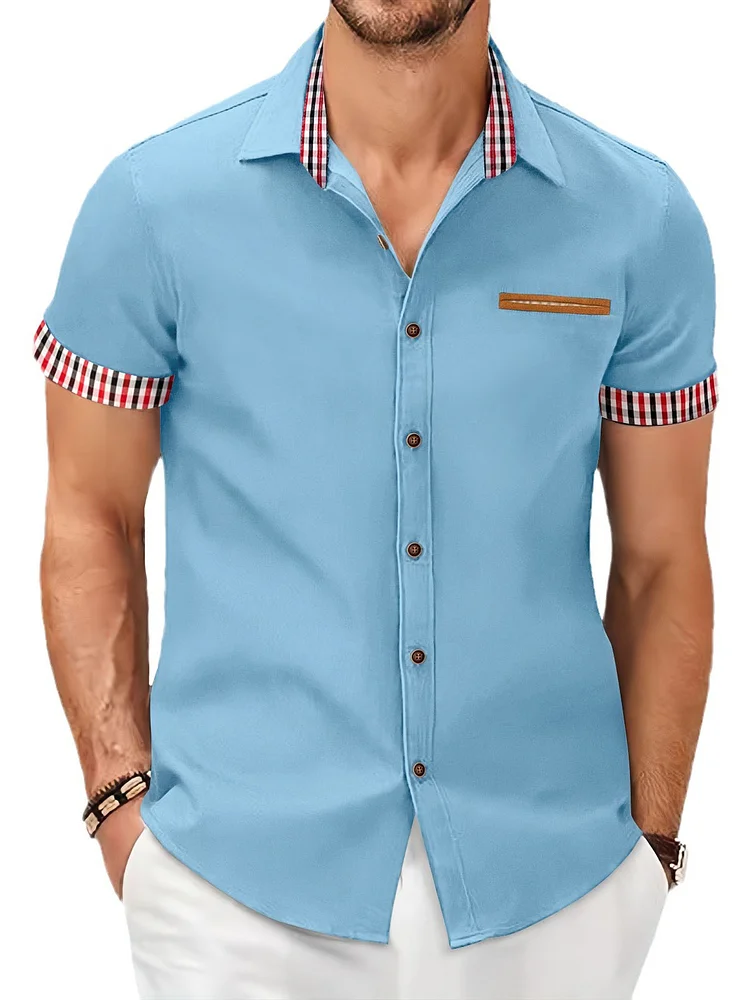 Men's Fashion Plaid Color Block Short Sleeve Shirt