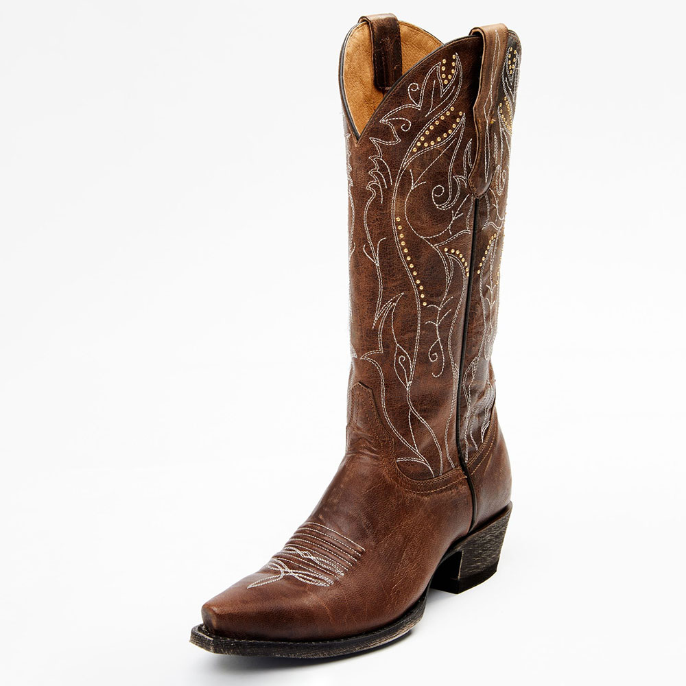 Women's Brown Distressed Snip Toe Studded Mid-Calf Cowgirl Boots