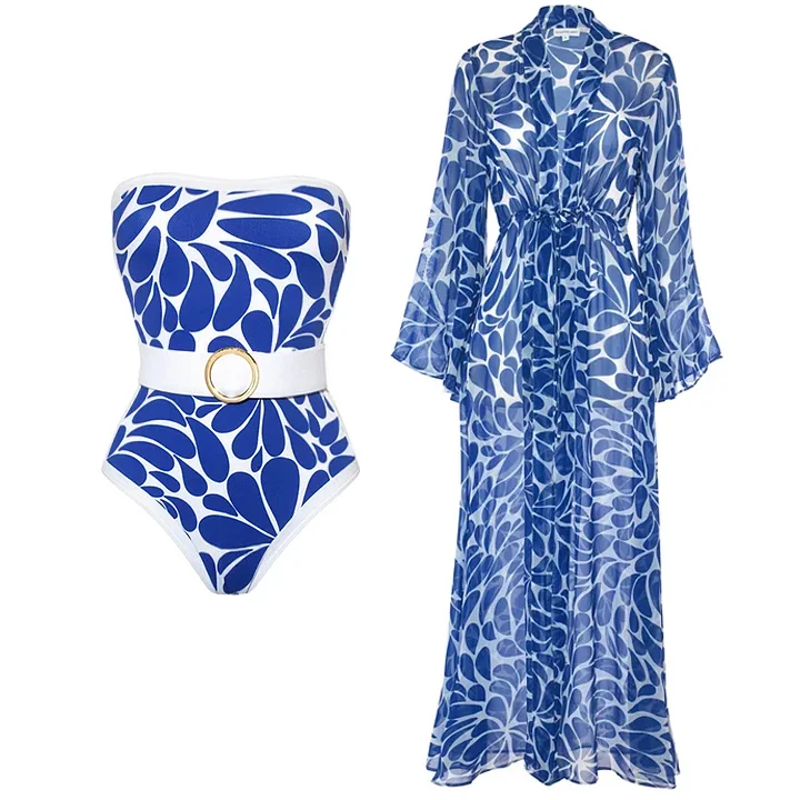 Bandeau Printed One Piece Swimsuit With Belt and Cover Up