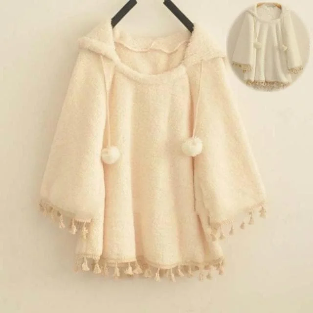 White/Apricot Winter Fluffy Hoodie Cape SP153487