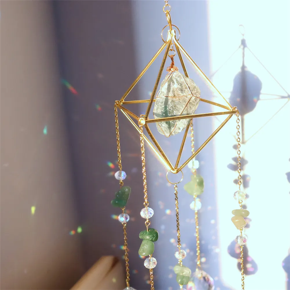 Crystal Wind Chimes Natural Stone Prism Light Catcher Garden Decor (Green)