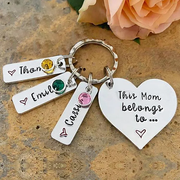 Personalized Keychain With Engraved 3 Names and 3 Birthstone Crystals - Mother's Day Gift