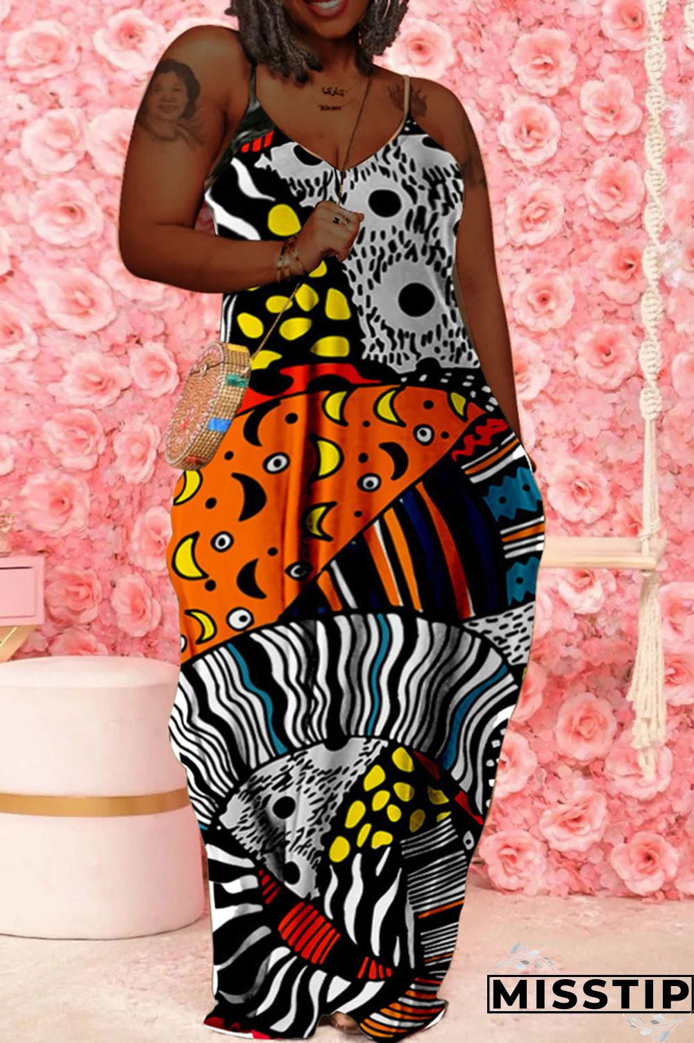 Black Orange Fashion Street Print Patchwork Spaghetti Strap Sling Dress Plus Size Dresses